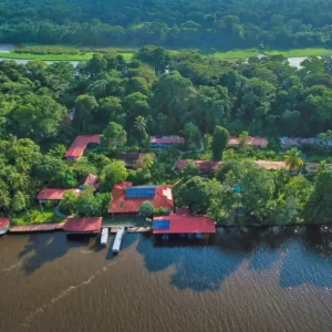 Vista aérea de Valverde Glamping en Tortuguero, Costa Rica, mostrando las cabañas inmersas en la selva tropical y sus muelles privados frente al canal principal donde Transportes T7 realiza sus transfers directos